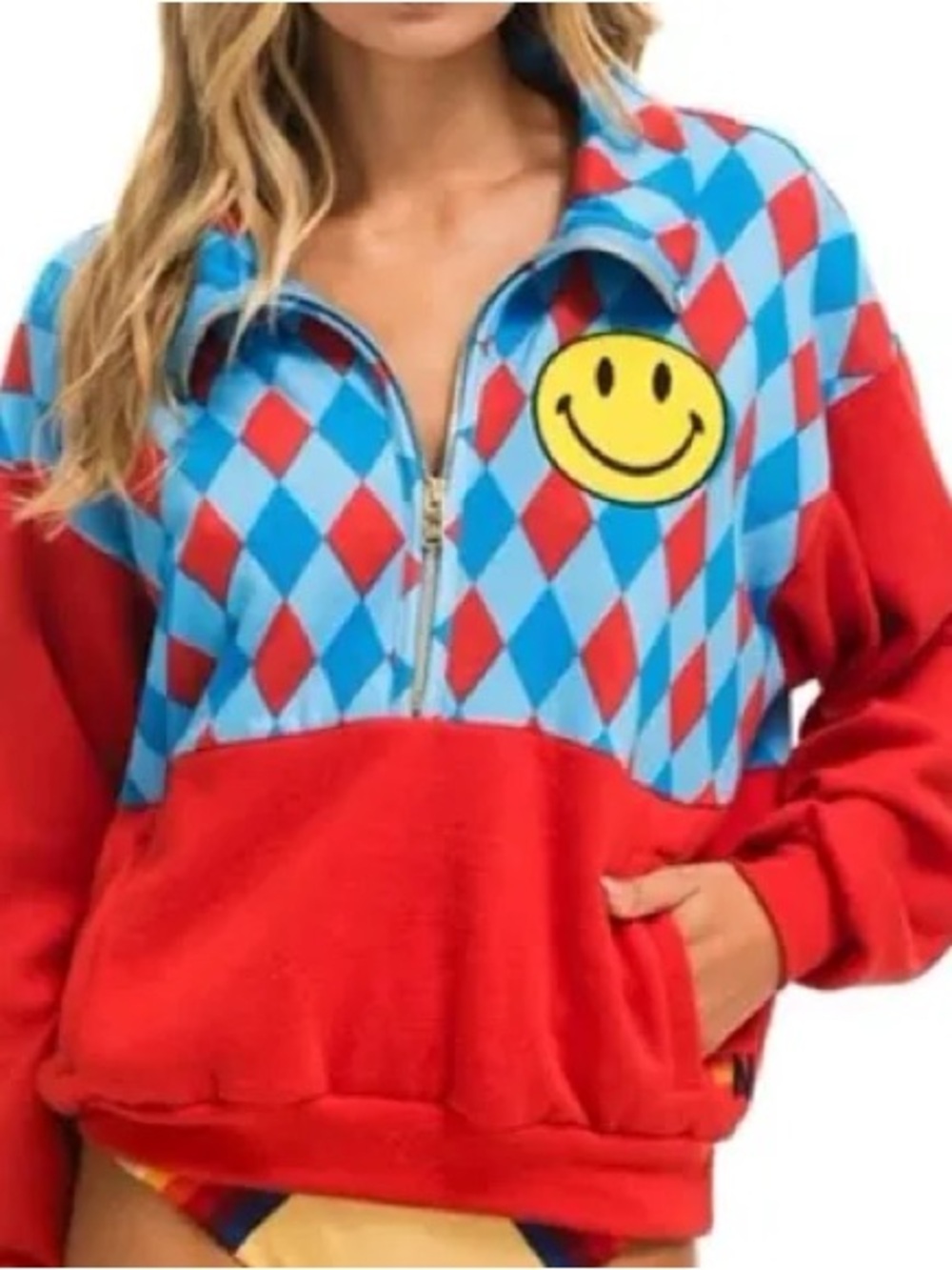 Aviator Nation Harlequin Smiley Face Quarter Zip Sweatshirt Red Blue XXL